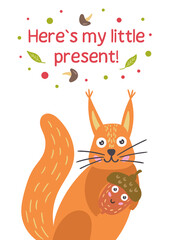 Red-haired cute squirrel with an acorn. Positive children greeting card. Vector illustration © Anna Drozdova