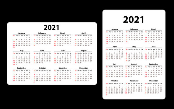 Two Pocket Calendar On 2021 Year. Horizontal And Vertical. Week Starts From Sunday. Vector Template Calendar For Business On Black Background.