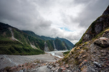 Waiho River Valley view looking back from the trail to Franz Josef Glacier in Westland Tai Poutini...