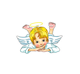 Engel Engelchen niedlich süß hübsch blond Kind Baby Junge barfuß liegt lächelnd Lachen weiße Flügel Federn Vorlage Logo Design Freude freudig Liebe Zuneigung heilig Begleiter Beschützer Bewacher 