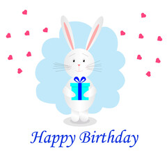 Happy Birthday postcard  with rabbit in blue. Vector illustration