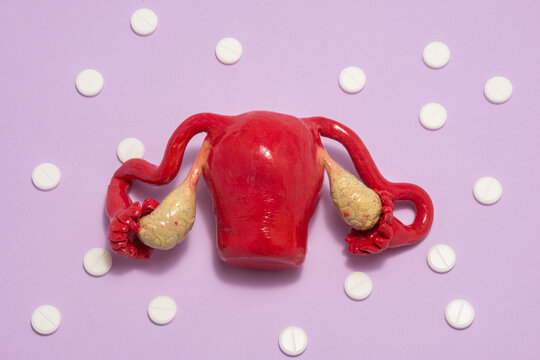 Anatomical model of female uterus with ovaries is on purple background with white tablets around, forming ornament in polka dots. Concept art photo for use in gynecology, women reproductive health