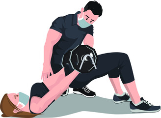 Gym tutor teaching his gym member how to do barbell pose