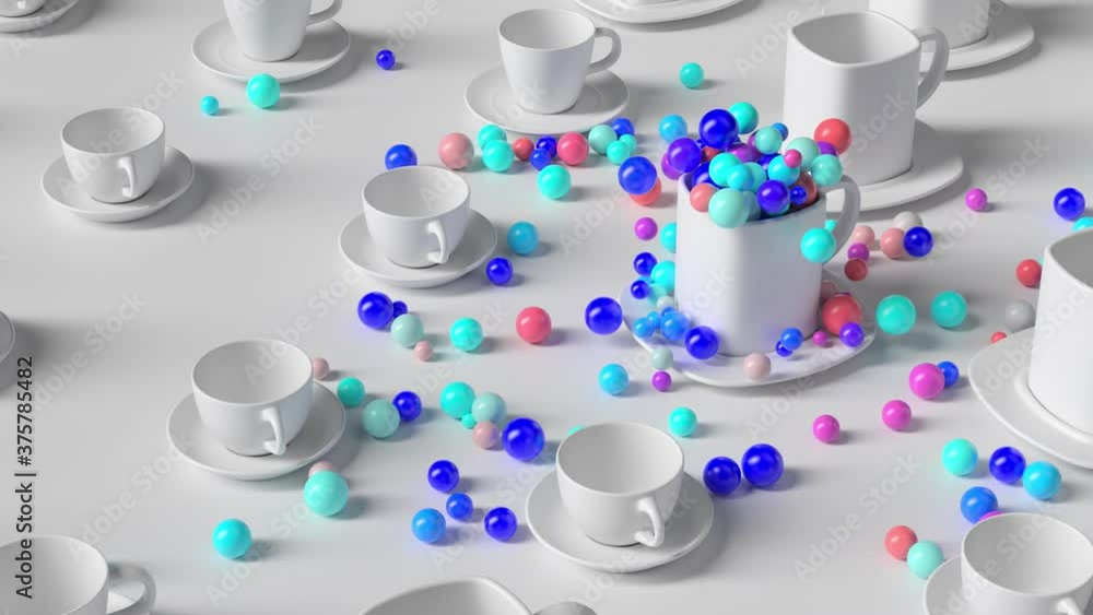 Poster 3d render abstract background with cups. colorful spheres pop out of empty white cup. fun and positi
