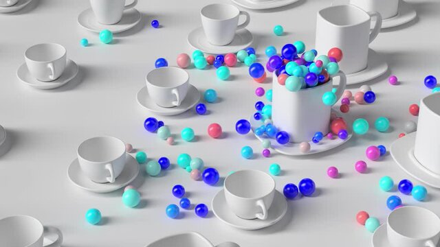 3d render abstract background with cups. Colorful spheres pop out of empty white cup. Fun and positive background. 