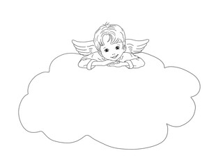 Vorlage Template Engel Engelchen niedlich süß hübsch liegt barfuß lächelnd auf Wolke Spruchband Jubiläum Feiertag Werbung, mock up, layout, logo, design Freude freudig anschauen Plakat Hinweisschild