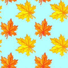 Naklejka na ściany i meble Watercolor autumn maple leaves seamless pattern. Colorful fall background and texture