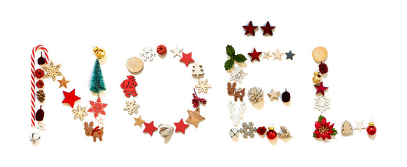 Colorful Christmas Decoration Letter Building French Word Noel Means Christmas. Festive Ornament Like Christmas Tree, Star And Ball. White Isolated Background