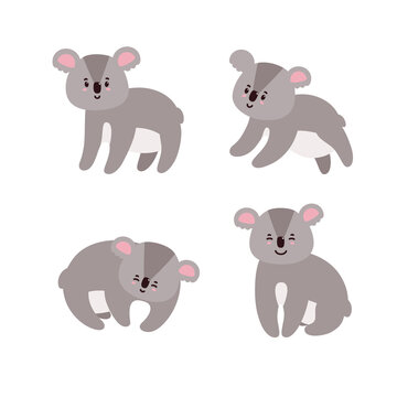 Set of adorable koalas. Happy koalas isolated in white background. Vector illustration in cartoon style