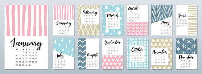 2020 calendar with calligraphy lettering on colorful pattern background.