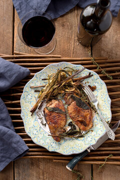 Grilled Pork Chops in Pan with Grilled Green Onions
