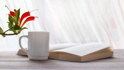 Red flowers of houseplant near open book and cup of coffee, selective focus