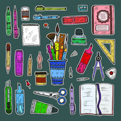 Set of cute hand drawn stickers of art tools including pencils; pens; eraser; brush; and others. Vector hand drawn art collection