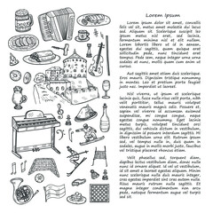 Illustration with cute hand drawn Welcome to Austria icons. Vector sketch. 
