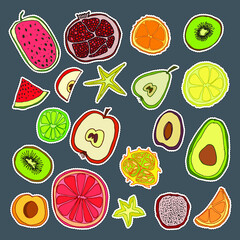 Stickers set with cute hand drawn fruits. Vector doodle collection