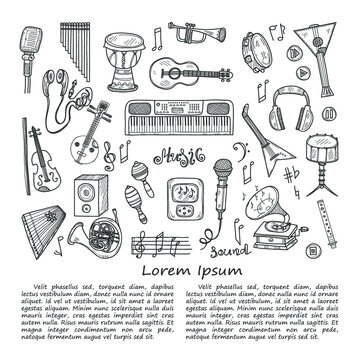 Illustration with cute hand drawn musical instruments. Vector collection