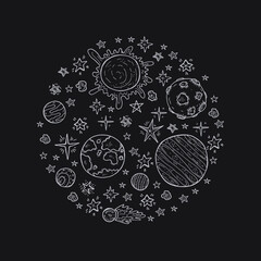 Illustration with cute hand drawn space objects: stars, rockets, planets, moon, sun etc. Hand-drawn vector collection