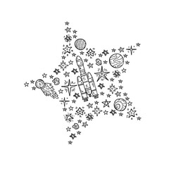 Illustration with cute hand drawn space objects: stars, rockets, planets, moon, sun etc. Hand-drawn vector collection