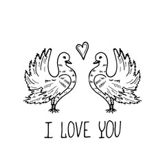 Fototapeta na wymiar Cute hand drawn illustration with two doves and inscription I love you. Vector Valentines Day collection