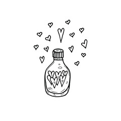 Cute hand drawn illustration with bottle and hearts. Vector Valentines Day collection