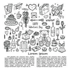 Illustration with cute hand drawn Valentines Day icons. Love collection. Vector