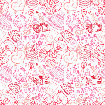 Seamless pattern with cute hand drawn Valentines Day icons. Love collection. Vector