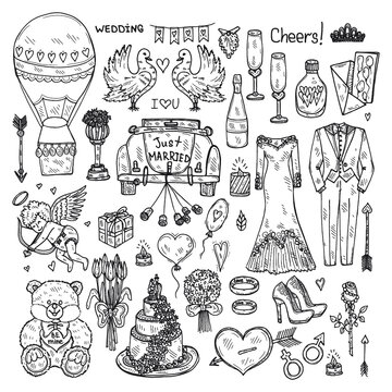 Set with cute hand drawn Wedding icons. Love collection. Vector