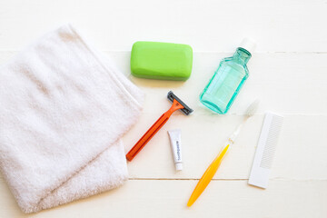 toothbrush ,toothpaste ,mouthwash health care for oral cavity with herbal soap ,shaver ,comp ,terry cloth set health care of lifestyle a man arrangement flat lay style on white 