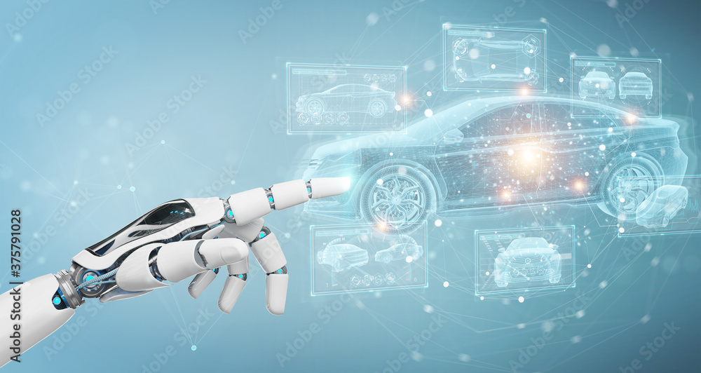 Aufkleber robot hand holding and touching holographic smart car interface projection 3d rendering