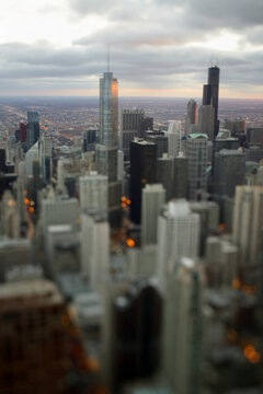 Overlooking Downtown Chicago As The Cities Lights Come On After Sunset