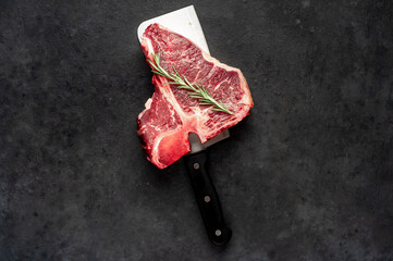 raw t-bone steak with ingredients on a meat knife on stone  background