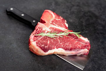 Fototapeta na wymiar raw t-bone steak with ingredients on a meat knife on stone background