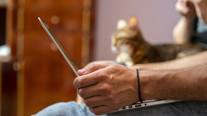 A man is holding a laptop in his hands, in the background, a Bengal cat lies in the lap of a woman, selective focus, side view.