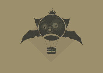 Illustration of bat balloon in geometric steampunk style. ( Monochrome : Yellow Grey & Brown)