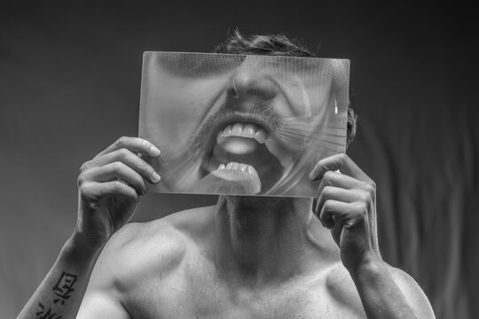 scream, guy with tattoos and a magnifying glass screaming