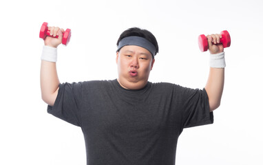 Fototapeta na wymiar Young Asian funny fat sport man exercise with dumbbell isolated on white background.