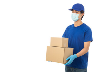 Young Delivery man wearing mask and medical gloves holding paper cardboard box mockup isolated on white background with clipping path.
