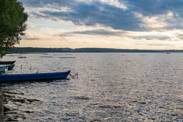 Pleshcheyevo lake in the city of Pereslavl-Zalessky at sunset in summer