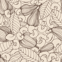 seamless pattern of a set of peeled cashew nuts, leaves & fruits, for ornaments, menu decorations, color vector illustration with sepia contour lines on a milky background in a hand drawn style
