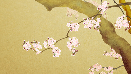 Cherry blossoms painted on gold leaf background