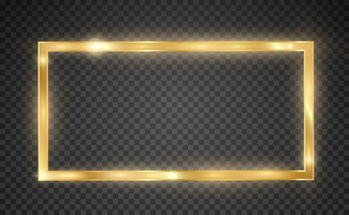 Gold glitter with shiny gold frame on a transparent black background. Vector luxury golden background.
