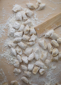 Overhead shot of raw freshly made potato gnocchi