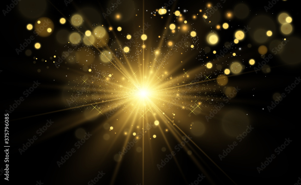 Poster beautiful golden vector illustration of a star on a translucent background with gold dust and glitte