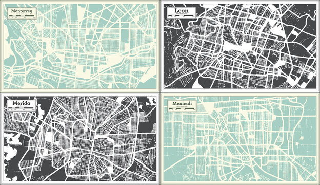 Merida, Leon, Mexicali and Monterrey Mexico City Maps Set in Retro Style.