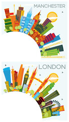London England and Manchester City Skylines Set with Color Buildings, Blue Sky and Copy Space.
