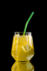  refreshing lemonade with lemon slices and ice cubes on black background