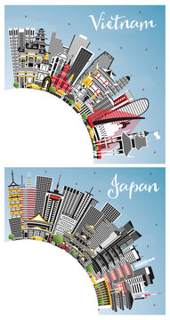 Japan and Vietnam City Skylines Set with Gray Buildings, Blue Sky and Copy Space.