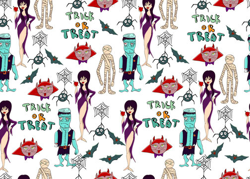 Halloween vector background. Seamless pattern with cute and fun Halloween characters Witch, Vampire, Pumpkin Jack o Lantern, Spider, Mummy, Elvira, Frankenstein, Devil, Werevolf, Black Cat, Bat.
