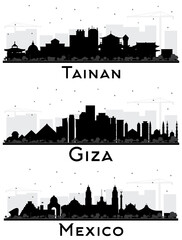 Tainan Taiwan, Mexico and Giza Egypt City Skyline Silhouettes Set with Black Buildings Isolated on White.