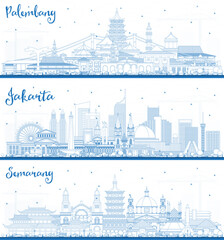Obraz premium Outline Palembang, Jakarta and Semarang Indonesia City Skylines with Blue Buildings. Business Travel and Tourism Concept with Historic and Modern Architecture.